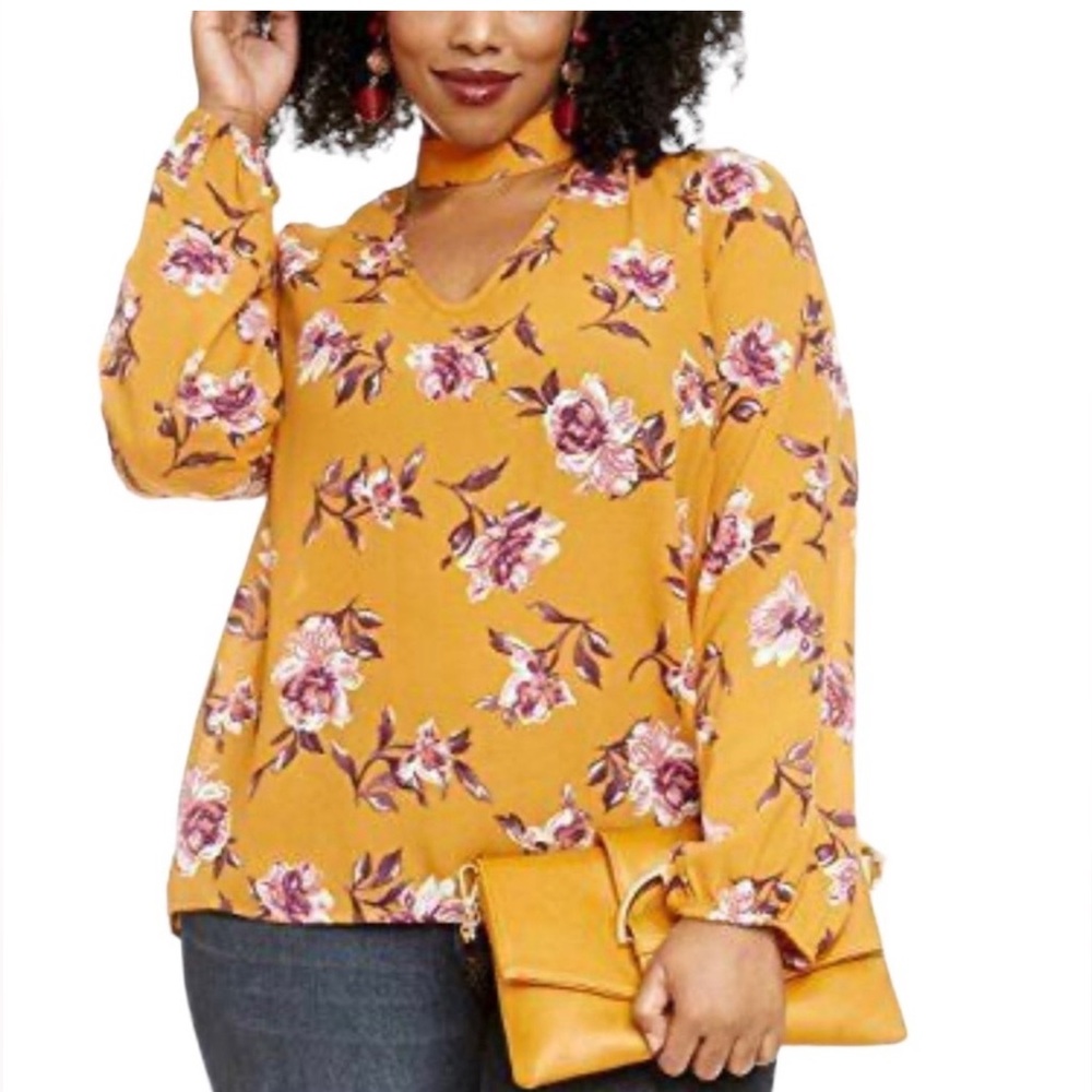 Fashion to Figure Mustard Floral Choker Blouse